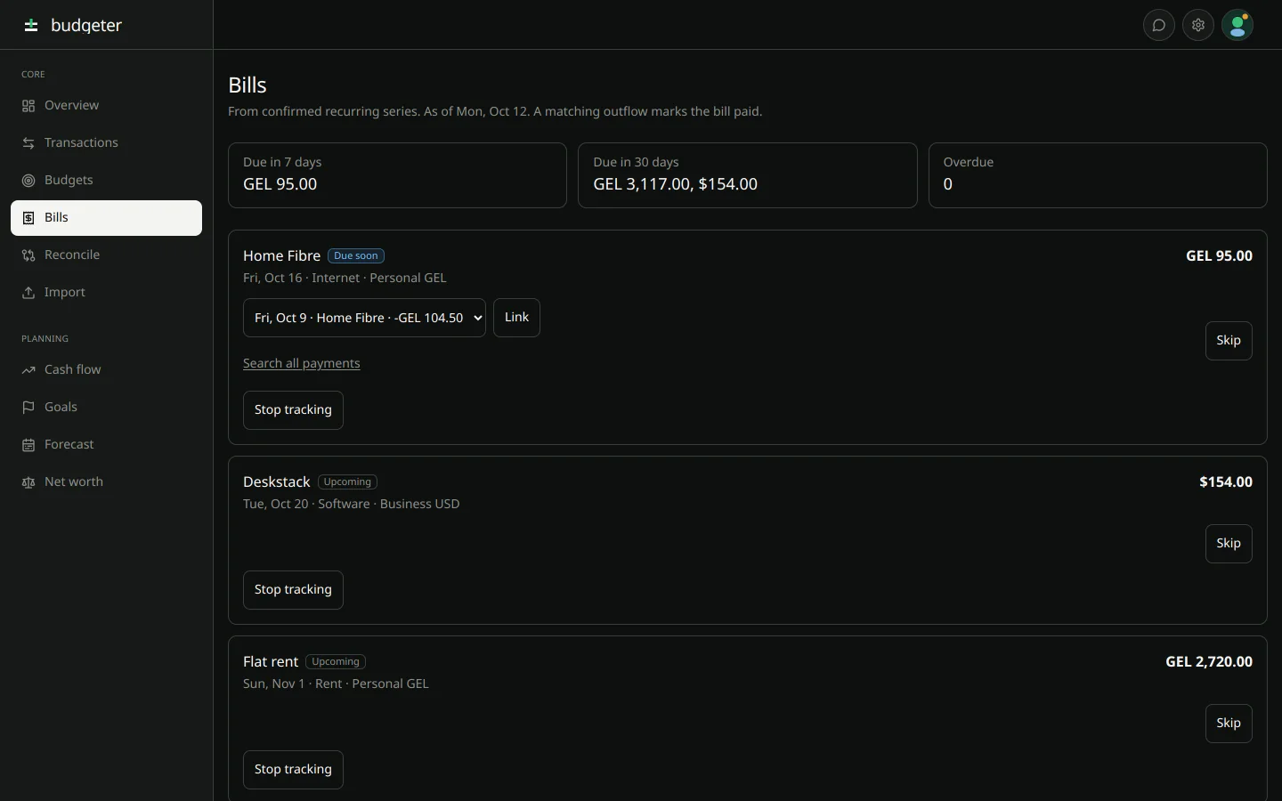 Bills list with recurring payments, next due dates, and a suggested match for one bill.
