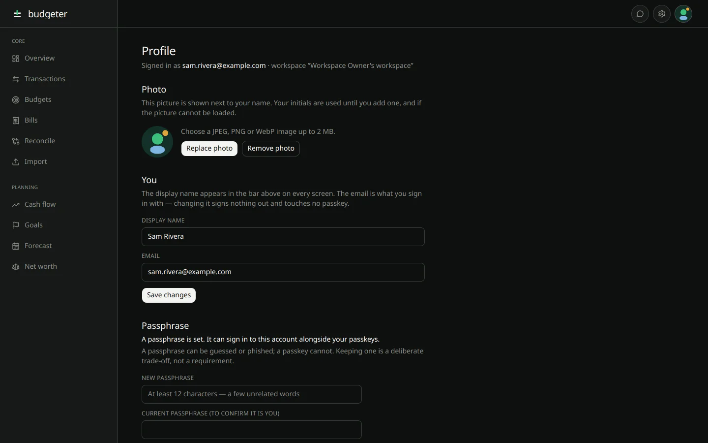 Settings profile page with a photo, one settings menu, and Back to app.